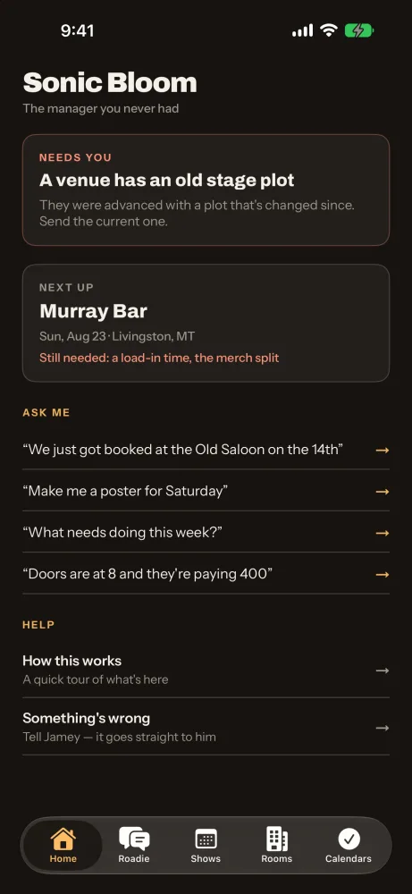 The Sonic Bloom app home screen: a warning that a venue is holding an out-of-date stage plot, the next show with what it still needs, and prompts to ask Roadie.