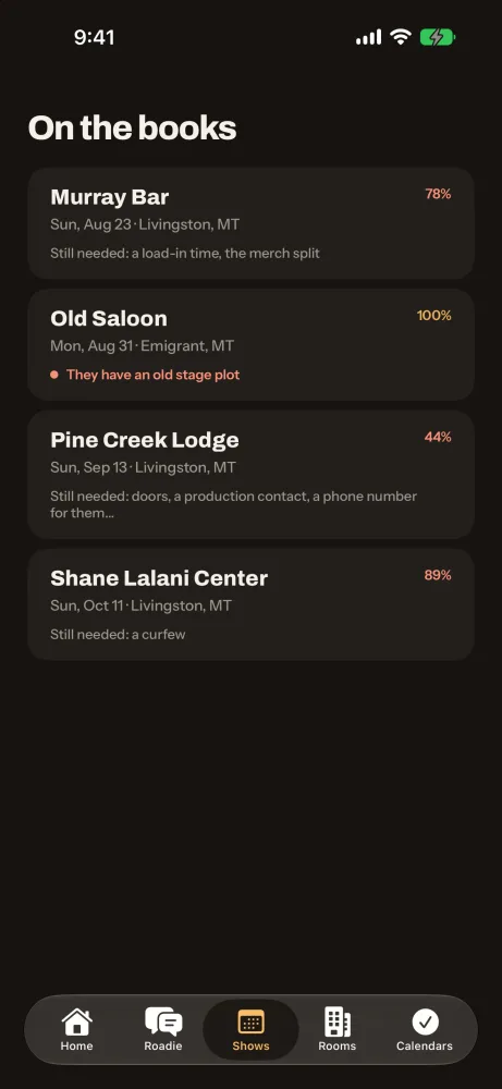 The Sonic Bloom app showing gigs on the books, each with how advanced it is and what is still missing.