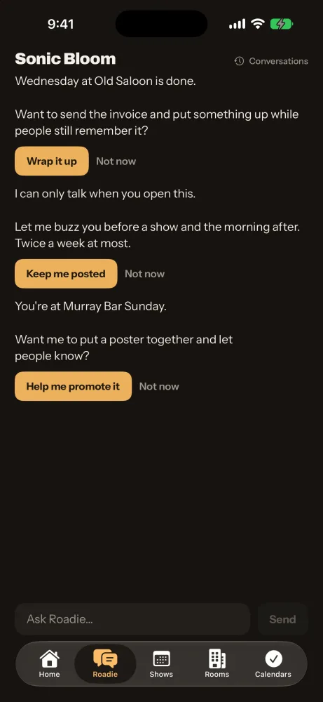 A conversation with Roadie in the Sonic Bloom app.