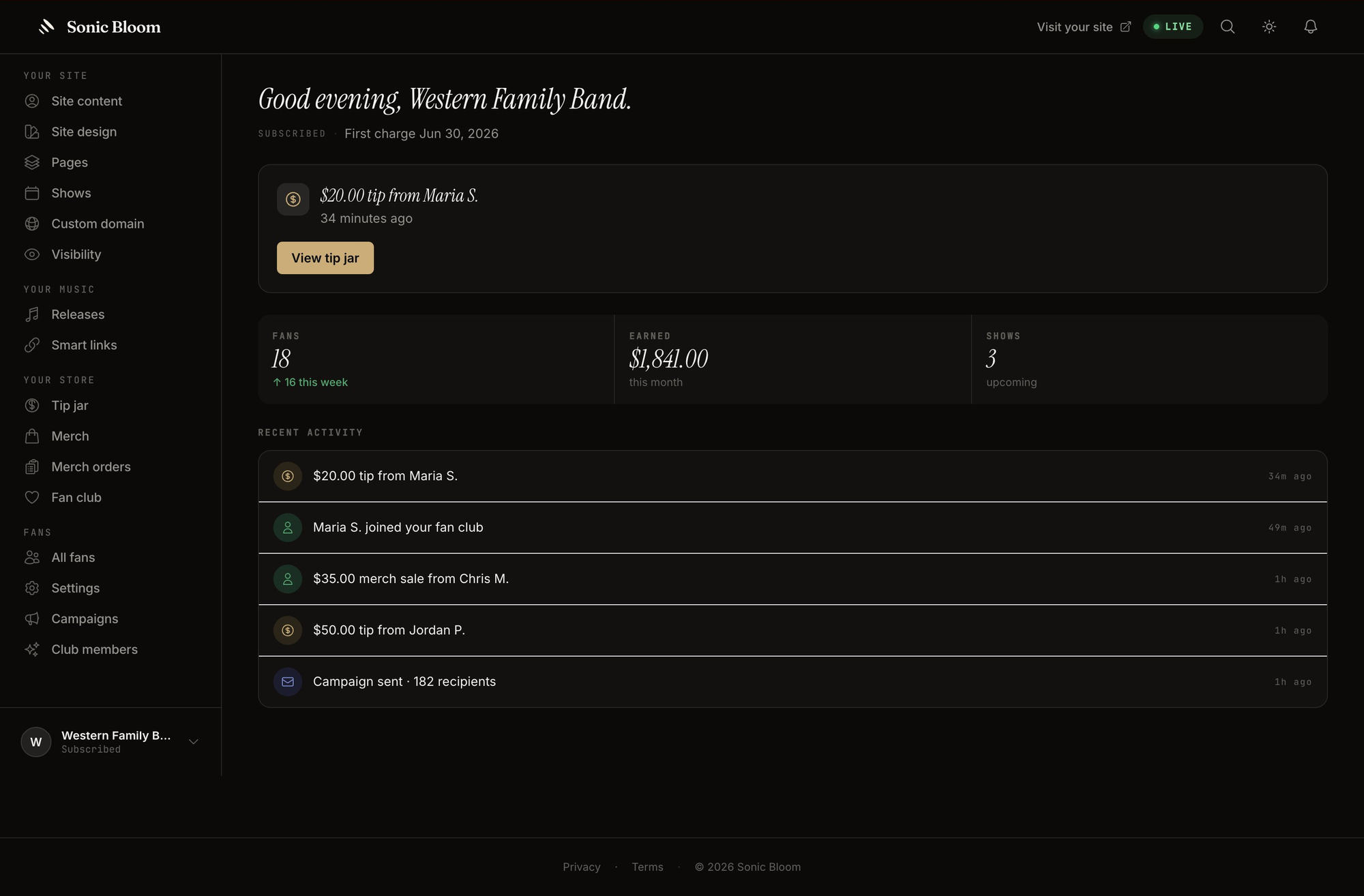Sonic Bloom dashboard