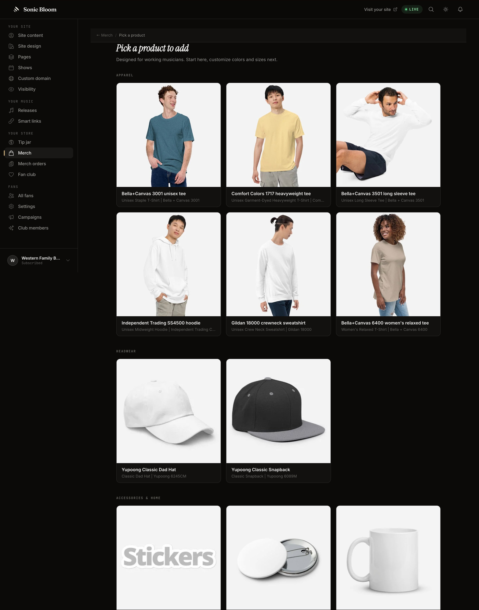 Merch store on a Sonic Bloom artist site