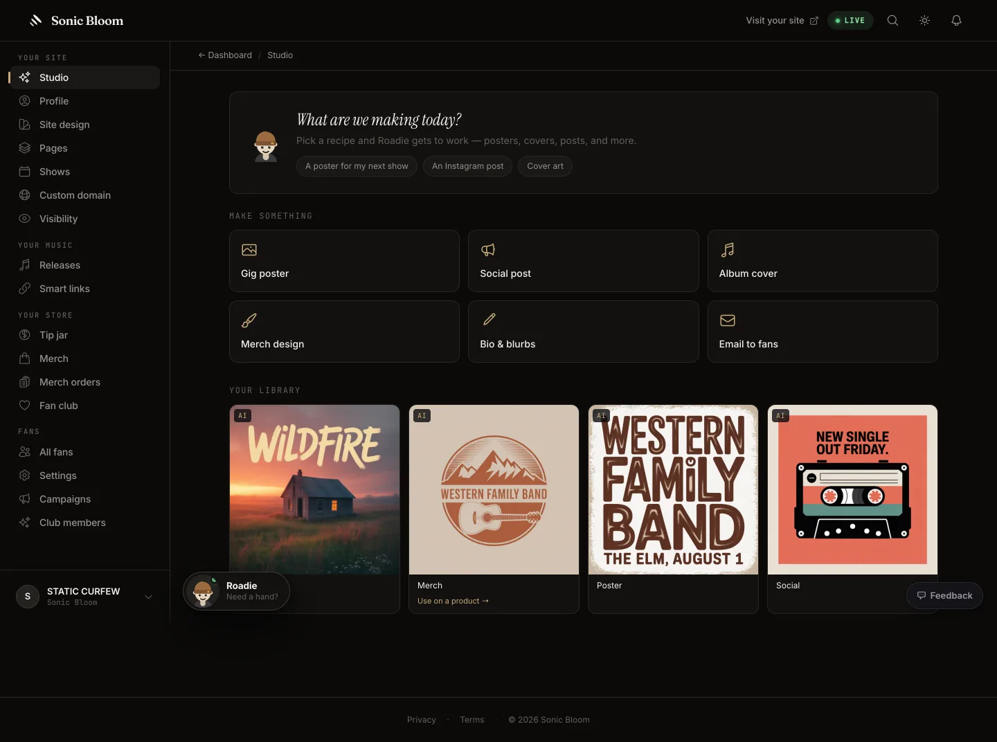 The Roadie Studio inside the Sonic Bloom dashboard — recipe tiles for posters, covers, posts and merch, and a library of finished pieces